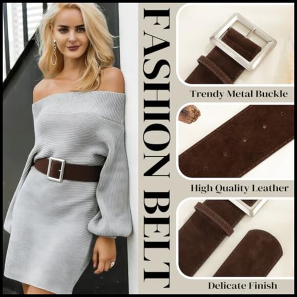 Wide Suede Leather Belt with Alloy Buckle for Dresses